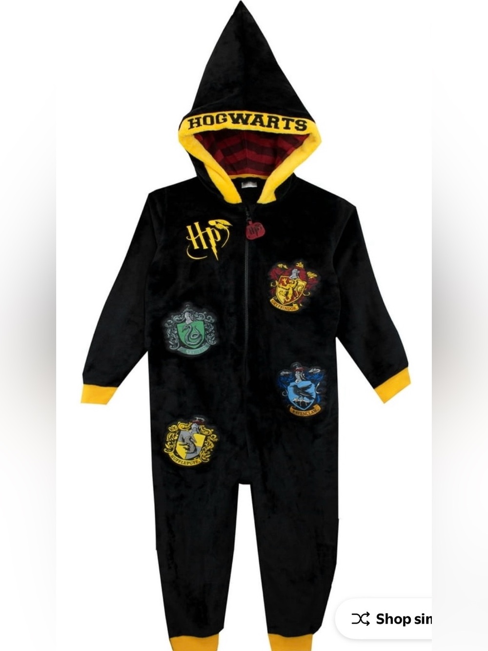 Harry Potter Hogwarts Hooded Onesie - Black & Yellow Fleece Size 8